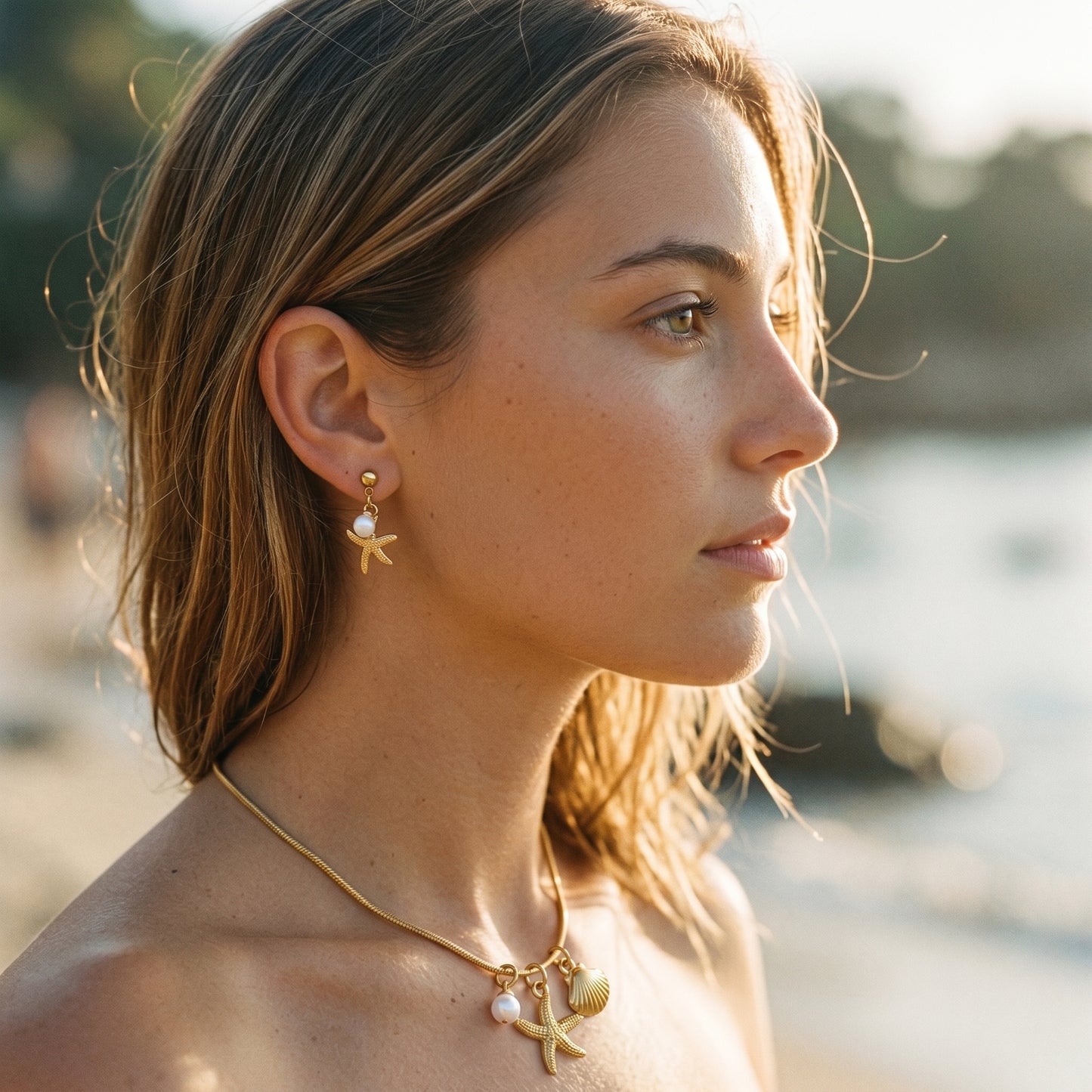 Minimalist Nautical Pearl Jewelry Set - 18K Gold Plated Stainless Steel Starfish Drop Accessories
