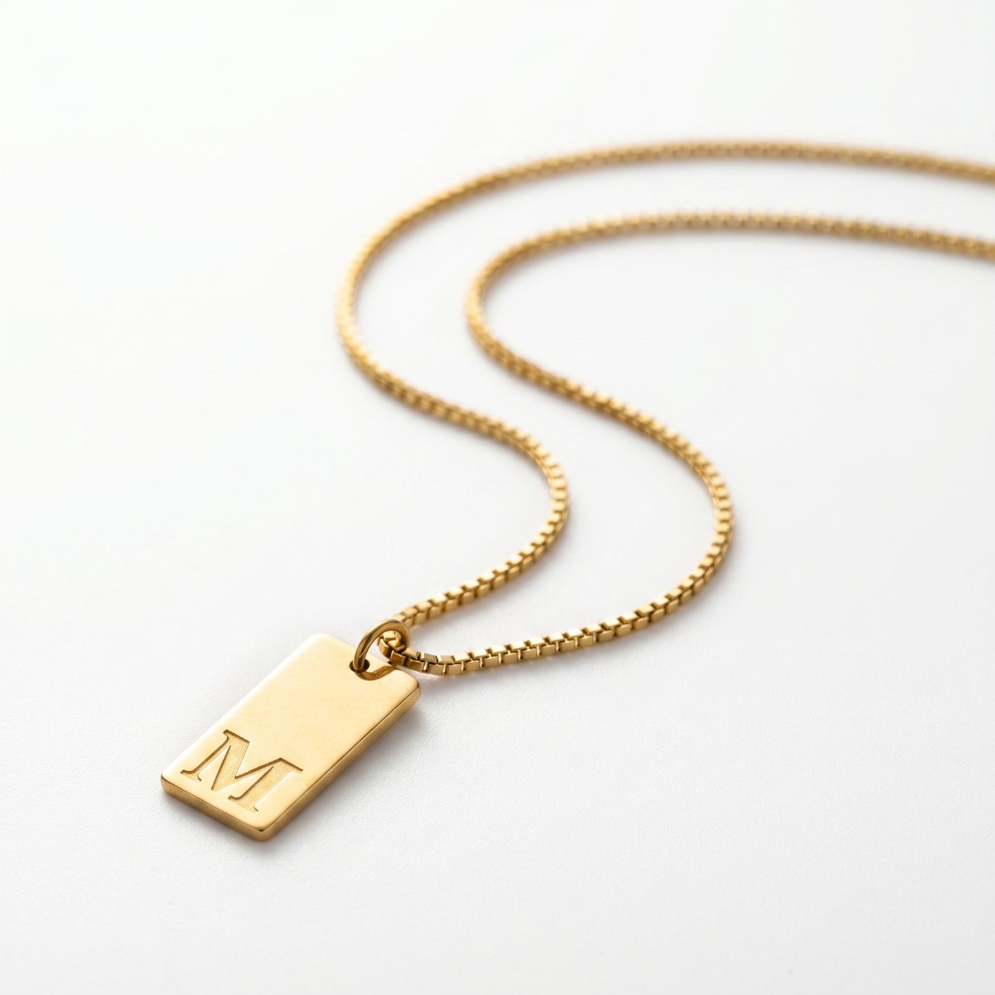 Hypoallergenic Monogram Letter M Bar Necklace - Tarnish Resistant 18K Gold Plated Rectangle Tag Pendant