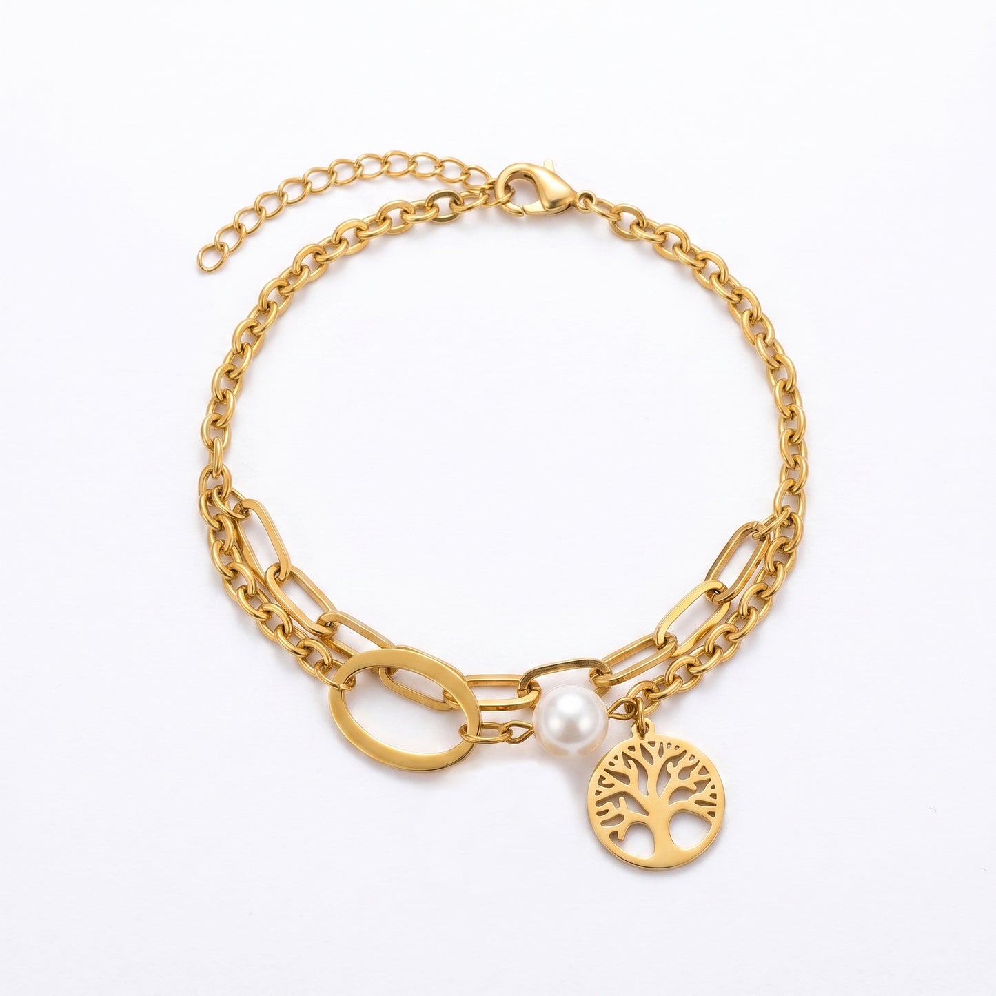 Minimalist Tree of Life Pearl Bracelet - 18K Gold Plated Stainless Steel Dainty Layered Accessory