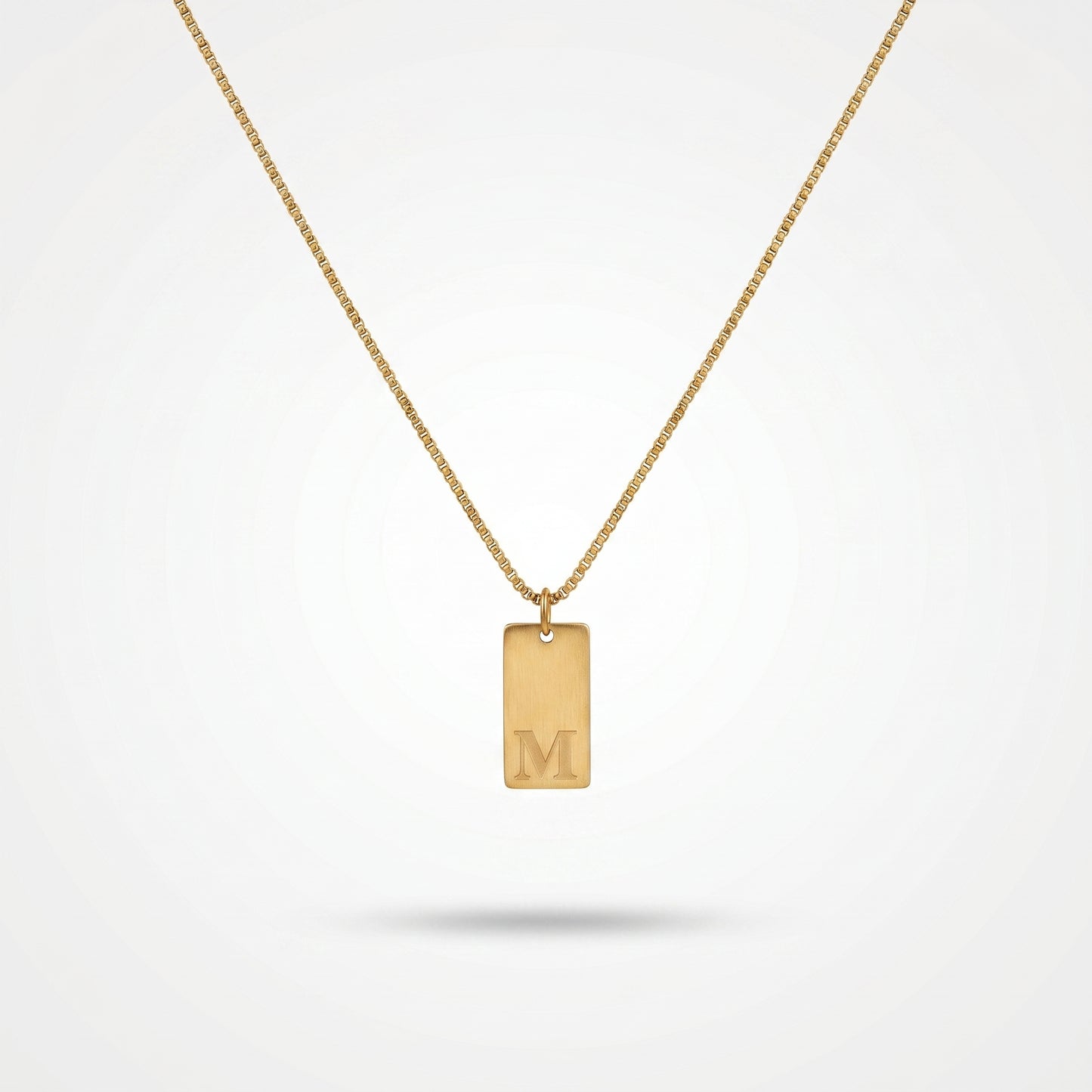 Hypoallergenic Monogram Letter M Bar Necklace - Tarnish Resistant 18K Gold Plated Rectangle Tag Pendant