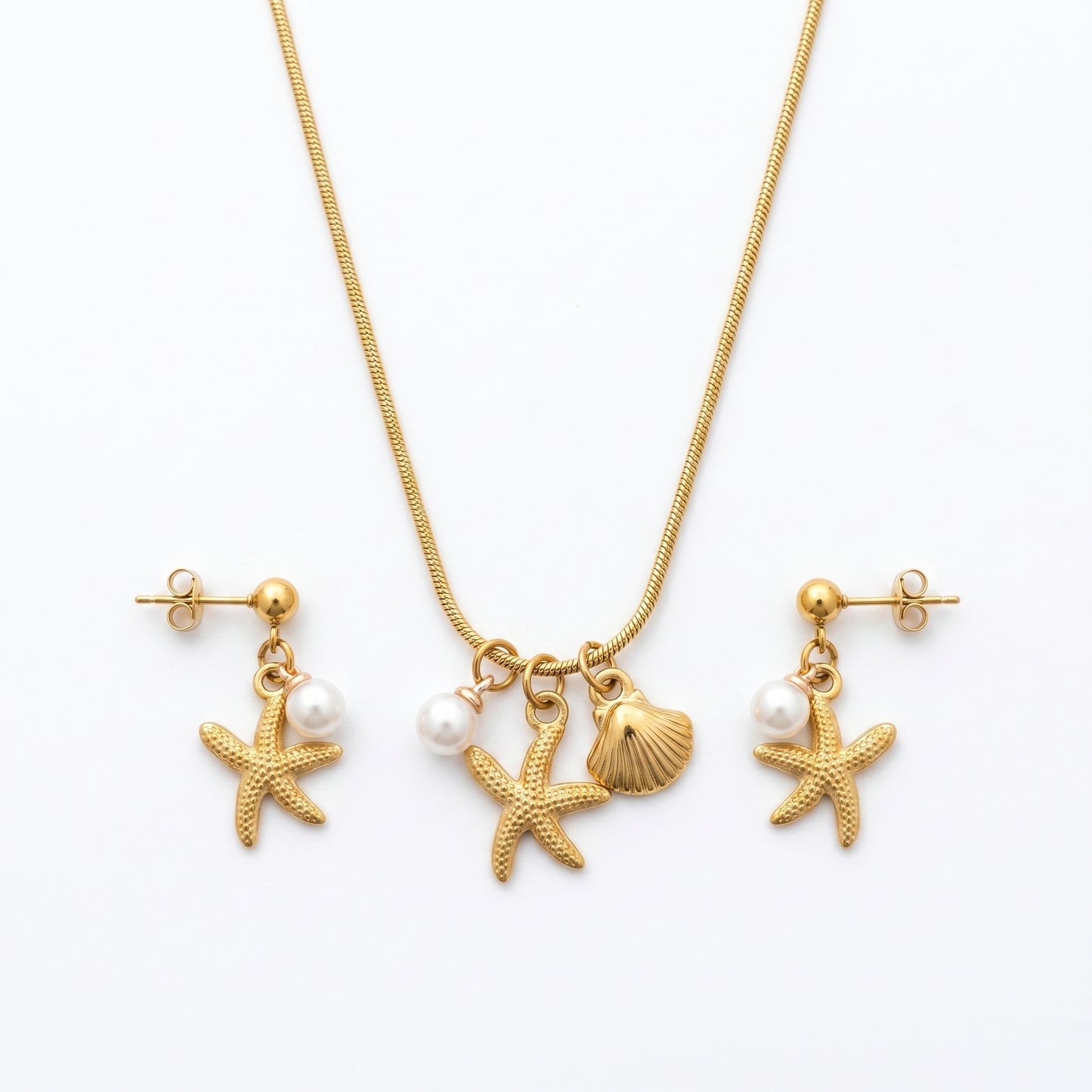Minimalist Nautical Pearl Jewelry Set - 18K Gold Plated Stainless Steel Starfish Drop Accessories