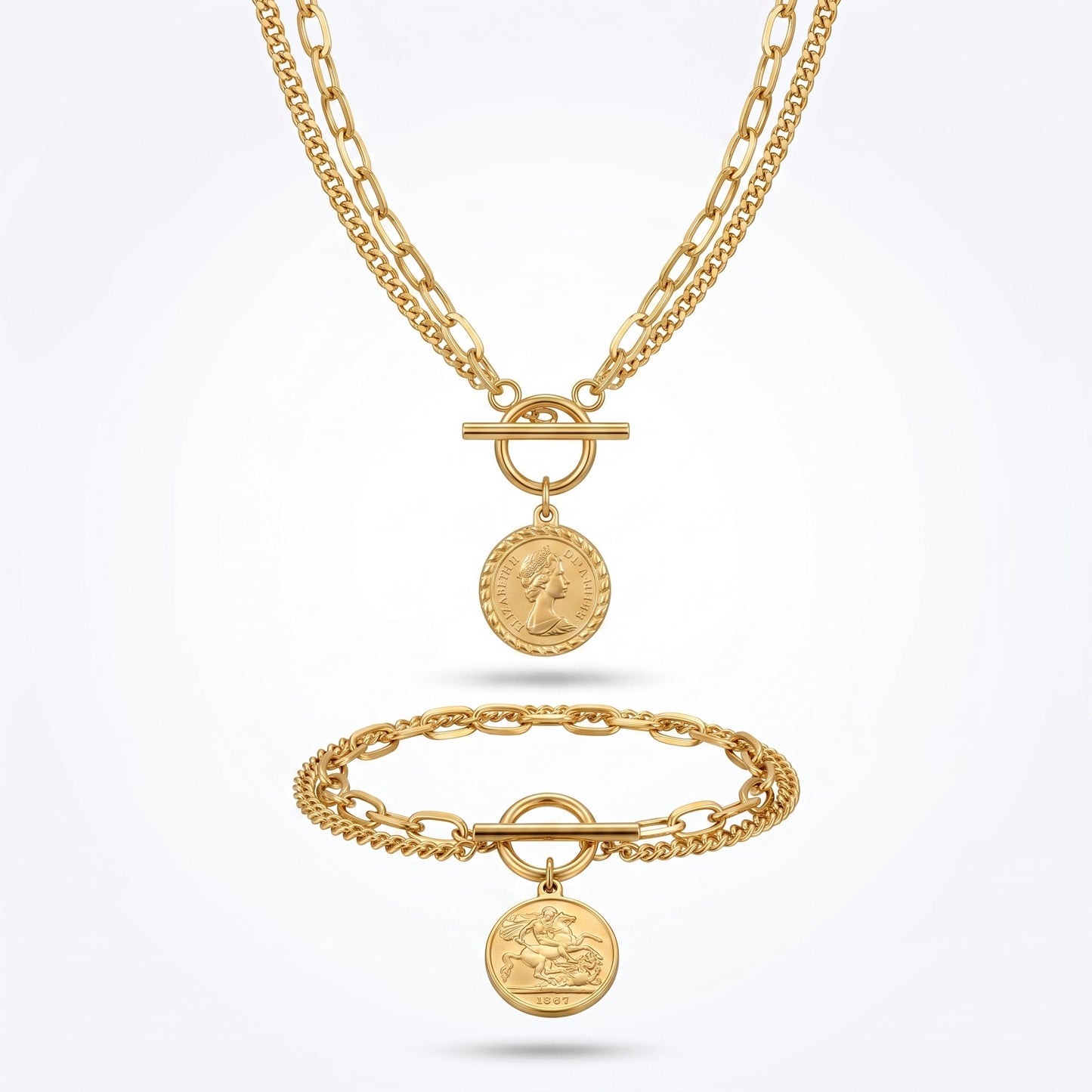 Minimalist Antique Coin Toggle Bracelet & Necklace Set - 18K Gold Plated Stainless Steel Dainty Layered Accessories