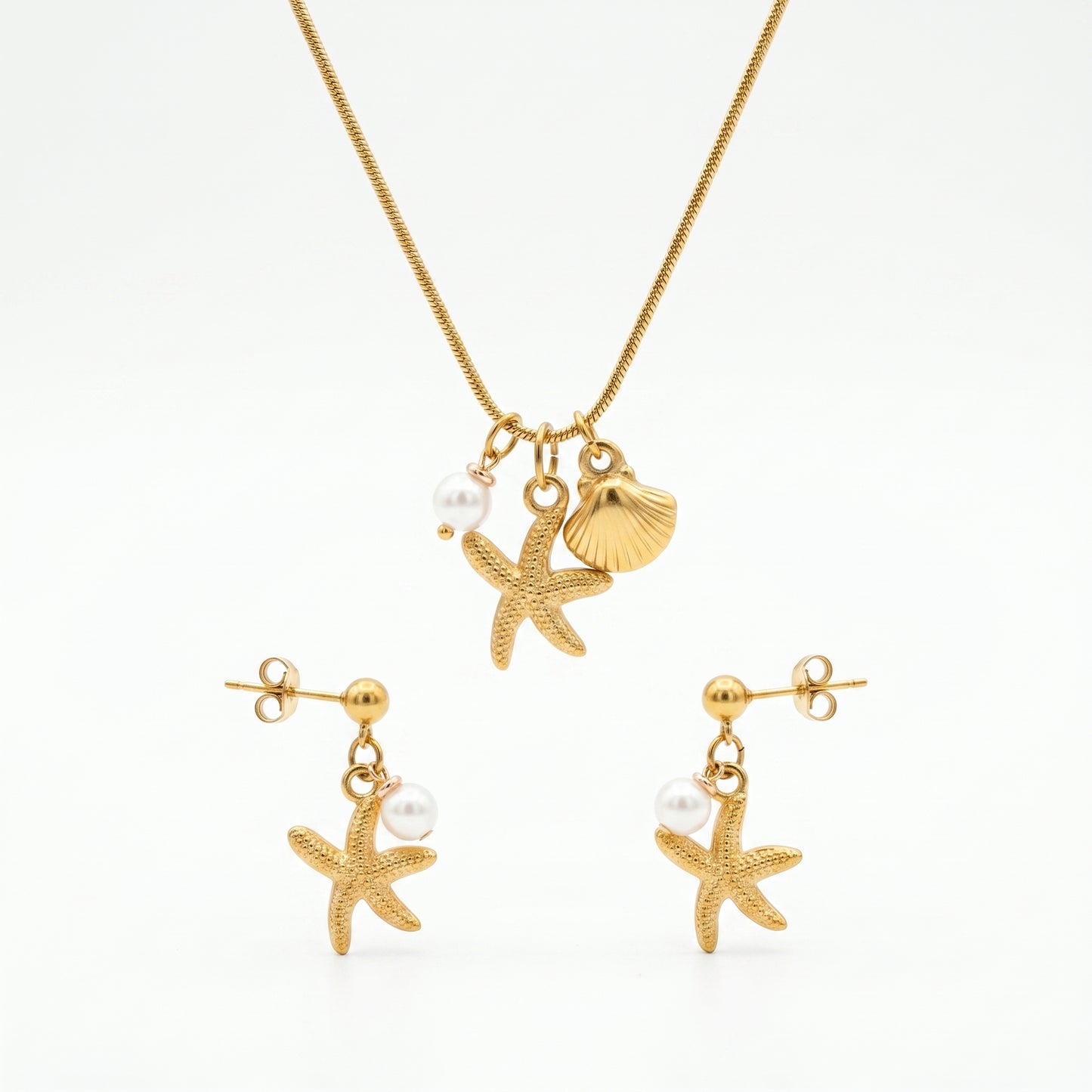 Minimalist Nautical Pearl Jewelry Set - 18K Gold Plated Stainless Steel Starfish Drop Accessories