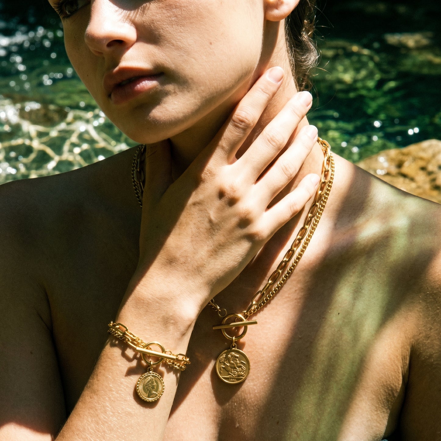 Minimalist Antique Coin Toggle Bracelet & Necklace Set - 18K Gold Plated Stainless Steel Dainty Layered Accessories
