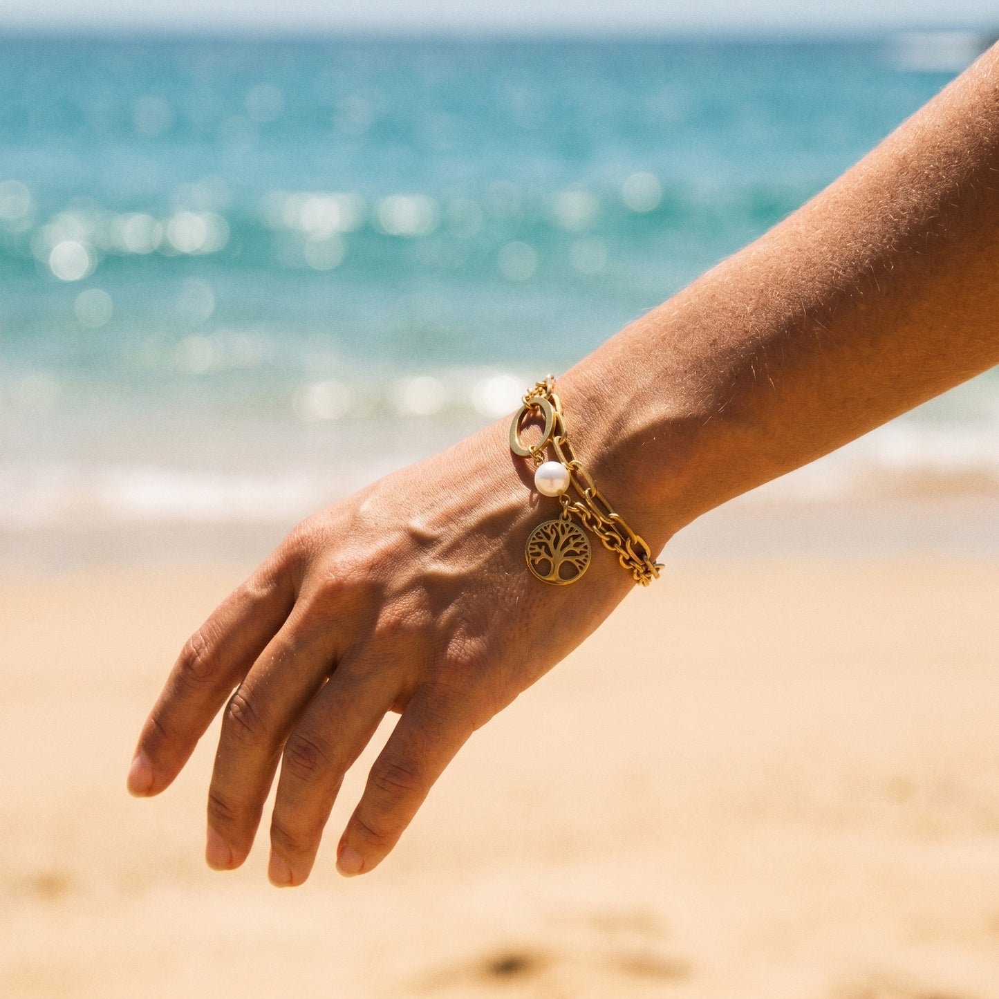 Minimalist Tree of Life Pearl Bracelet - 18K Gold Plated Stainless Steel Dainty Layered Accessory
