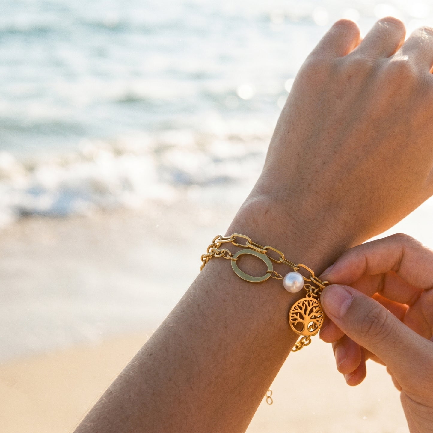 Minimalist Tree of Life Pearl Bracelet - 18K Gold Plated Stainless Steel Dainty Layered Accessory