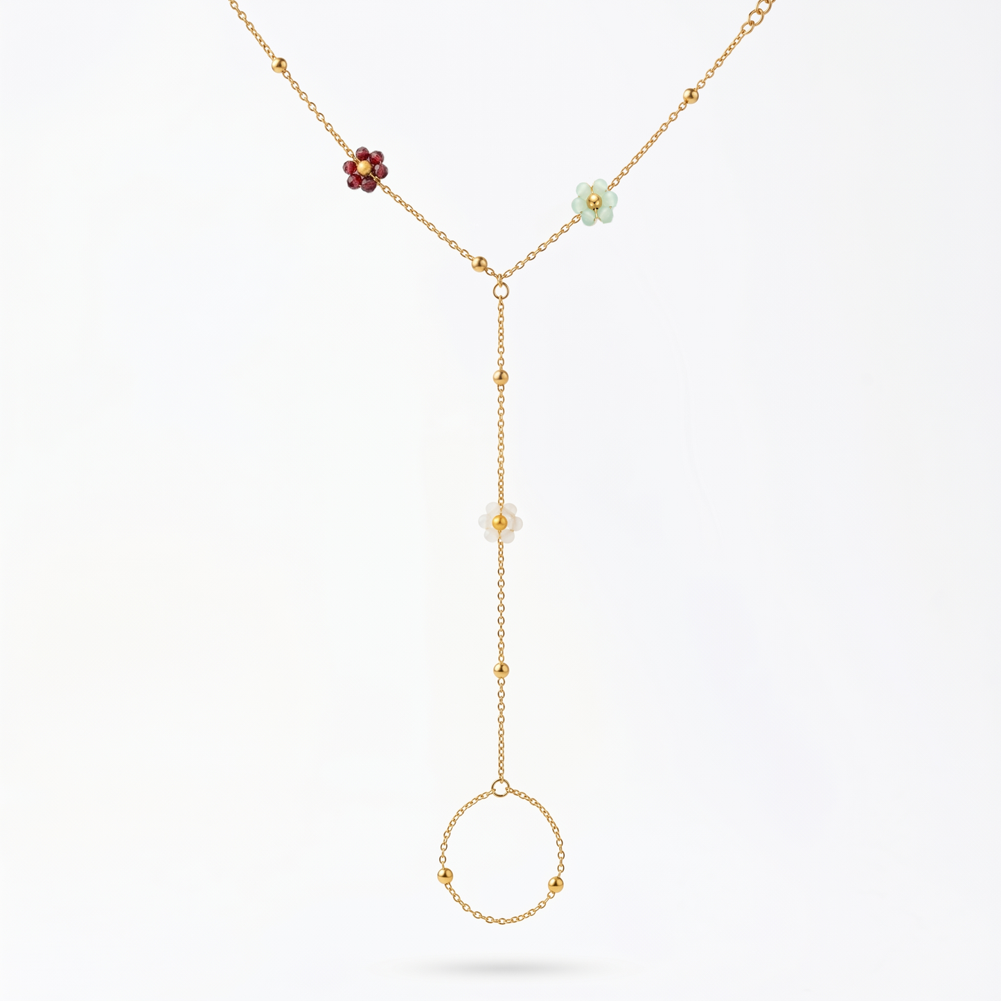 Stainless Steel Mixed Color Flower Hand Chain Bracelet with Finger Ring - Gold