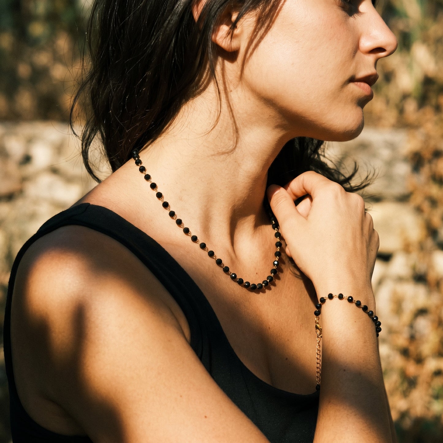Durable Stainless Steel Black Beaded Jewelry Set - Long-Lasting Shine