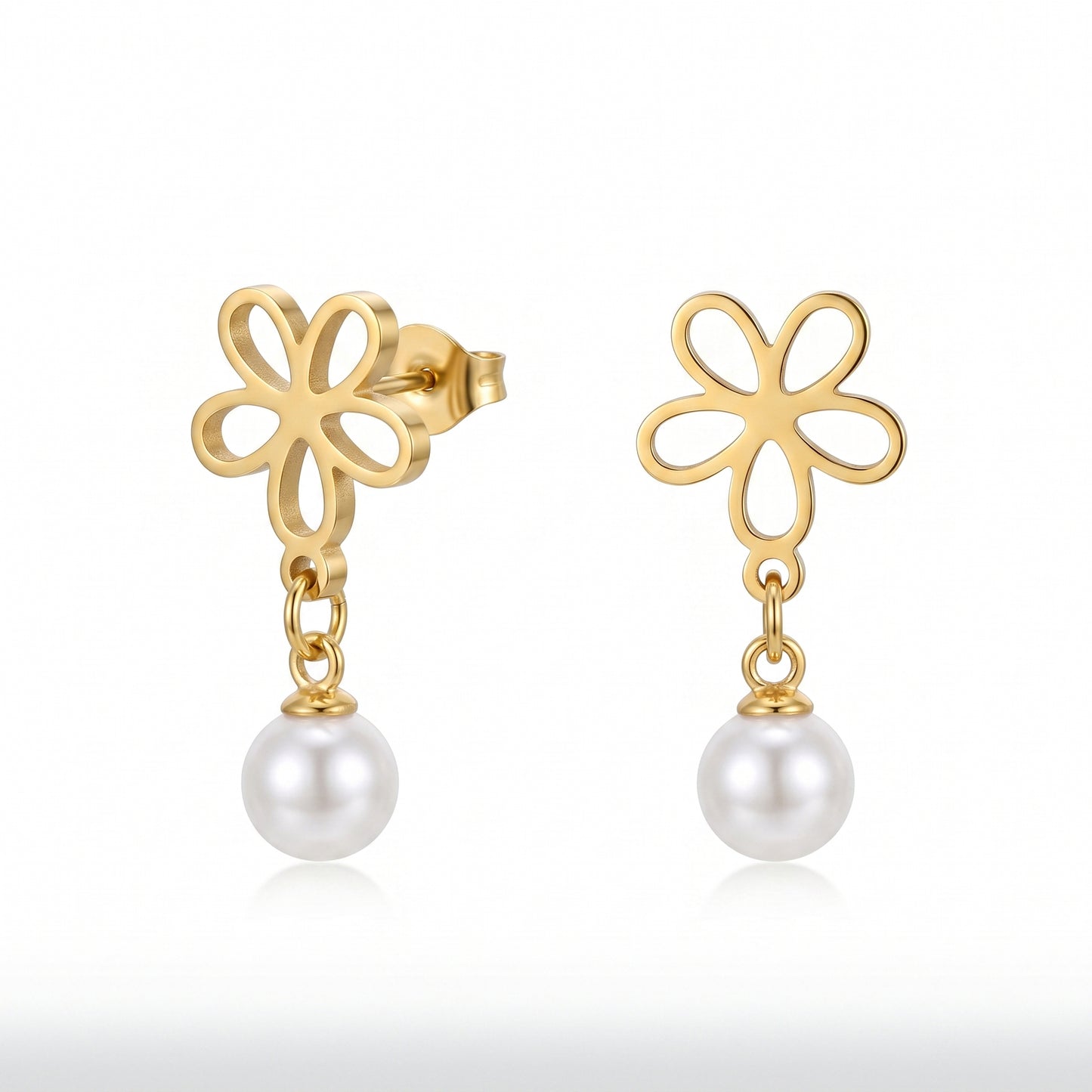 Flower Cutout Pearl Drop Earrings - Gold/Silver Stainless Steel