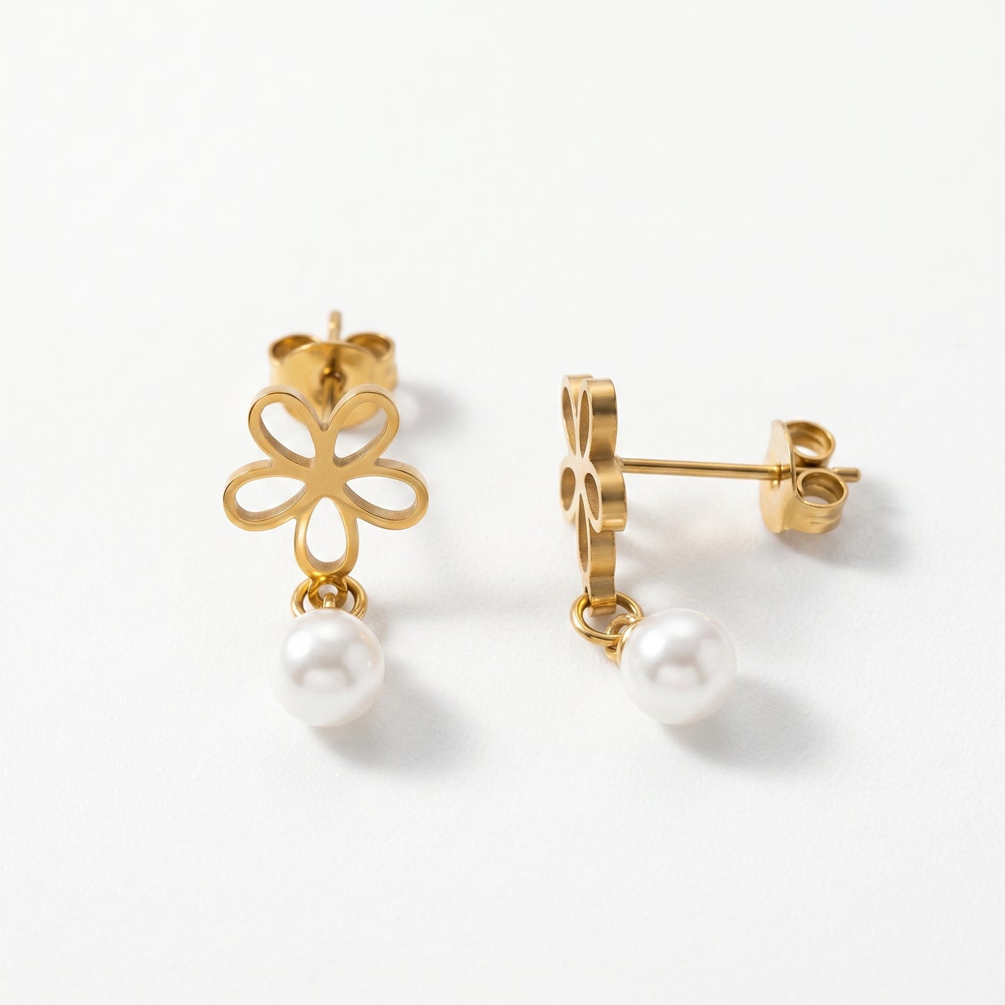 Flower Cutout Pearl Drop Earrings - Gold/Silver Stainless Steel
