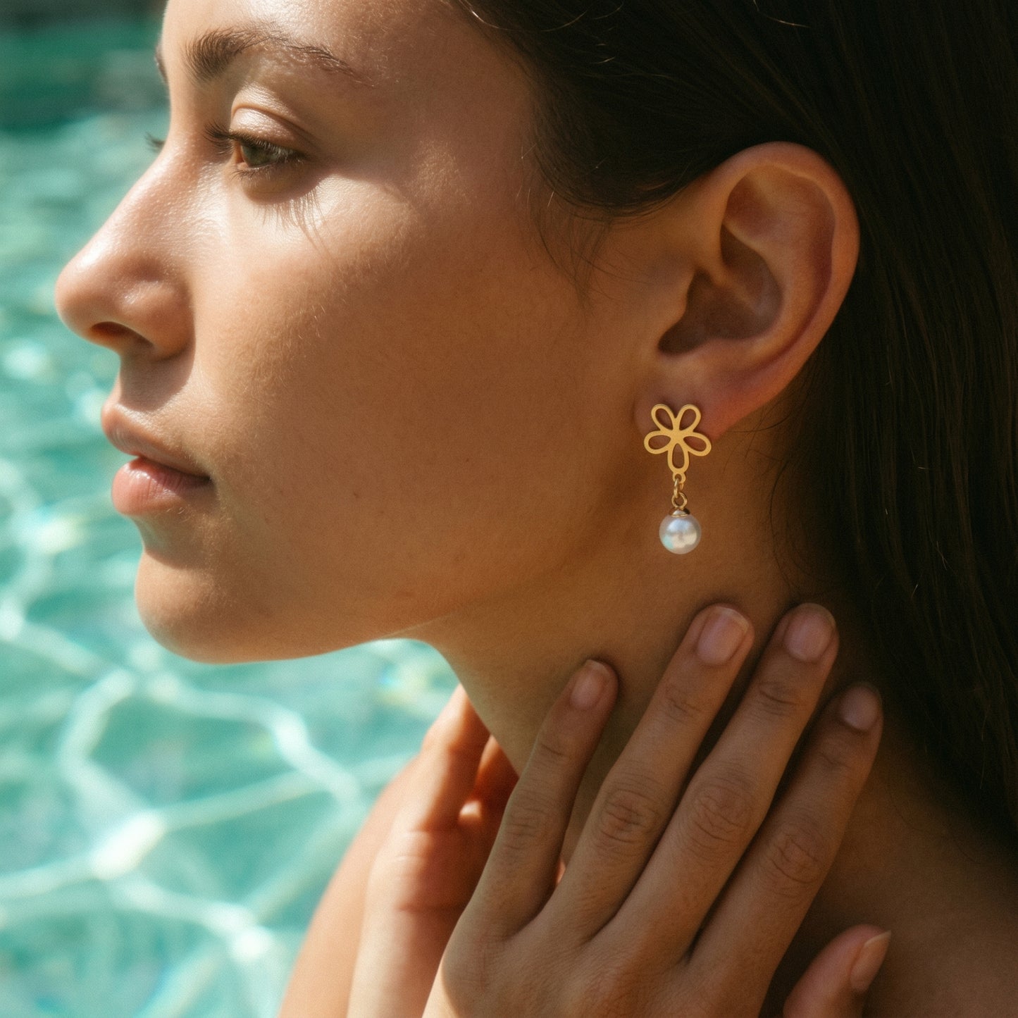 Flower Cutout Pearl Drop Earrings - Gold/Silver Stainless Steel