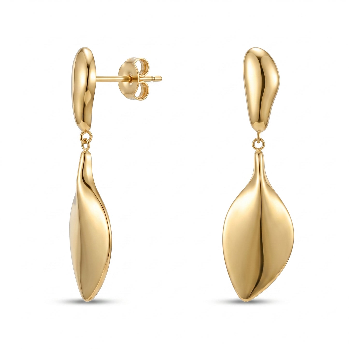 Waterproof & Hypoallergenic Stainless Steel Double Leaf Earrings, Gold Plated Minimalist Dangle Hoops