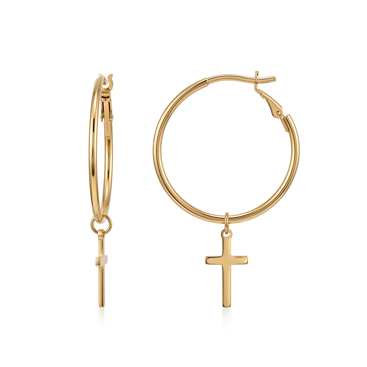 18K Gold Plated Stainless Steel Cross Hoop Earrings, Waterproof Hypoallergenic Faith Jewelry