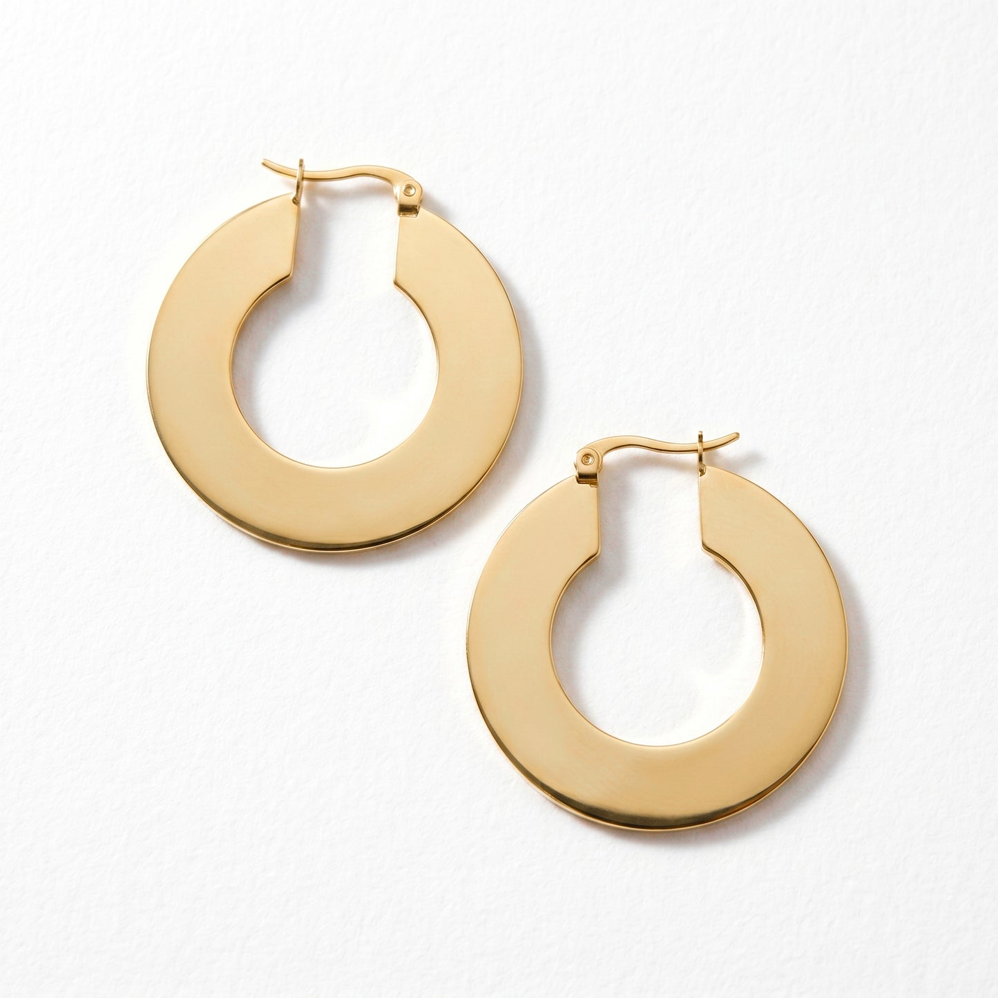 18K Gold Plated Stainless Steel Flat Open Hoop Earrings, Tarnish Resistant Statement Hoops for Women