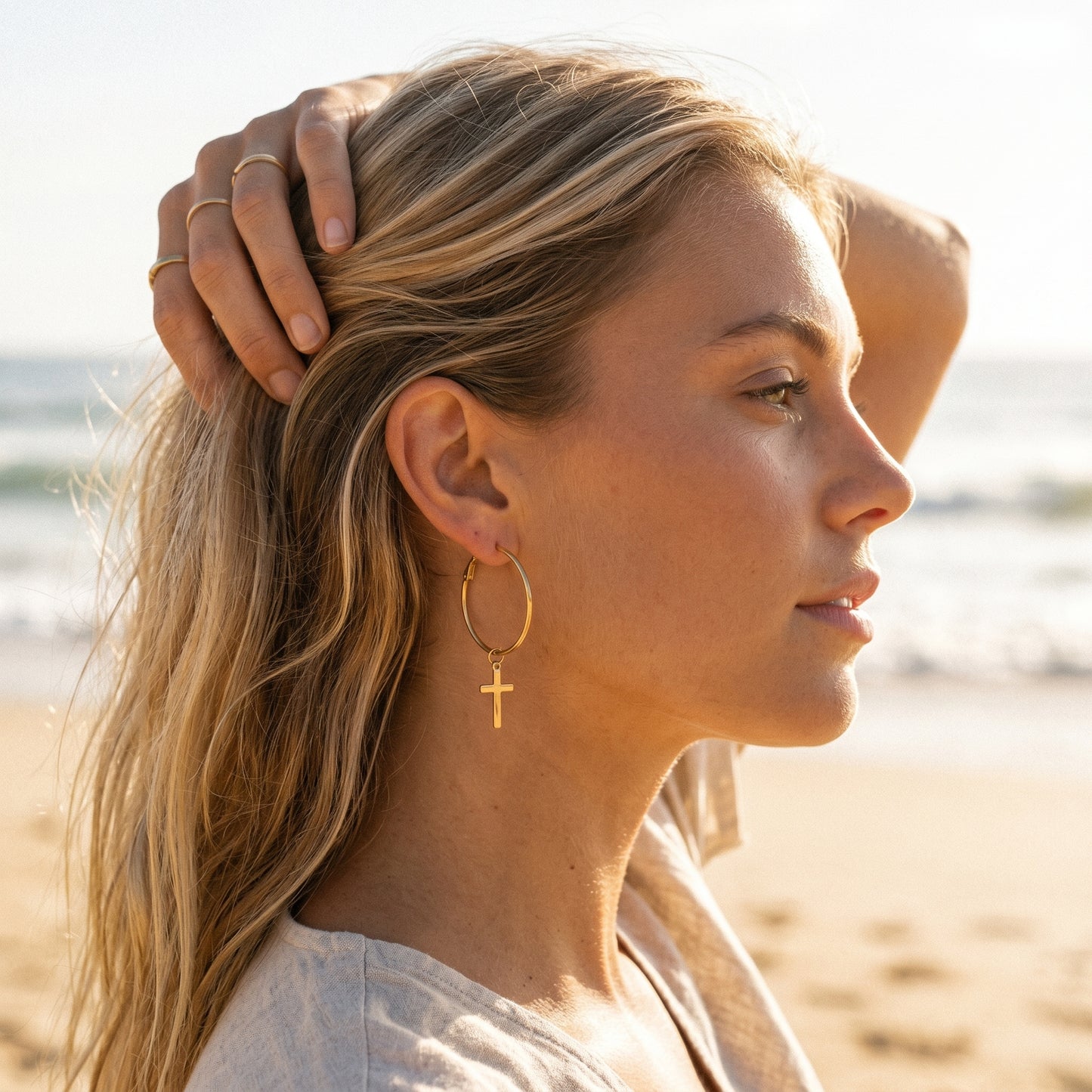 18K Gold Plated Stainless Steel Cross Hoop Earrings, Waterproof Hypoallergenic Faith Jewelry