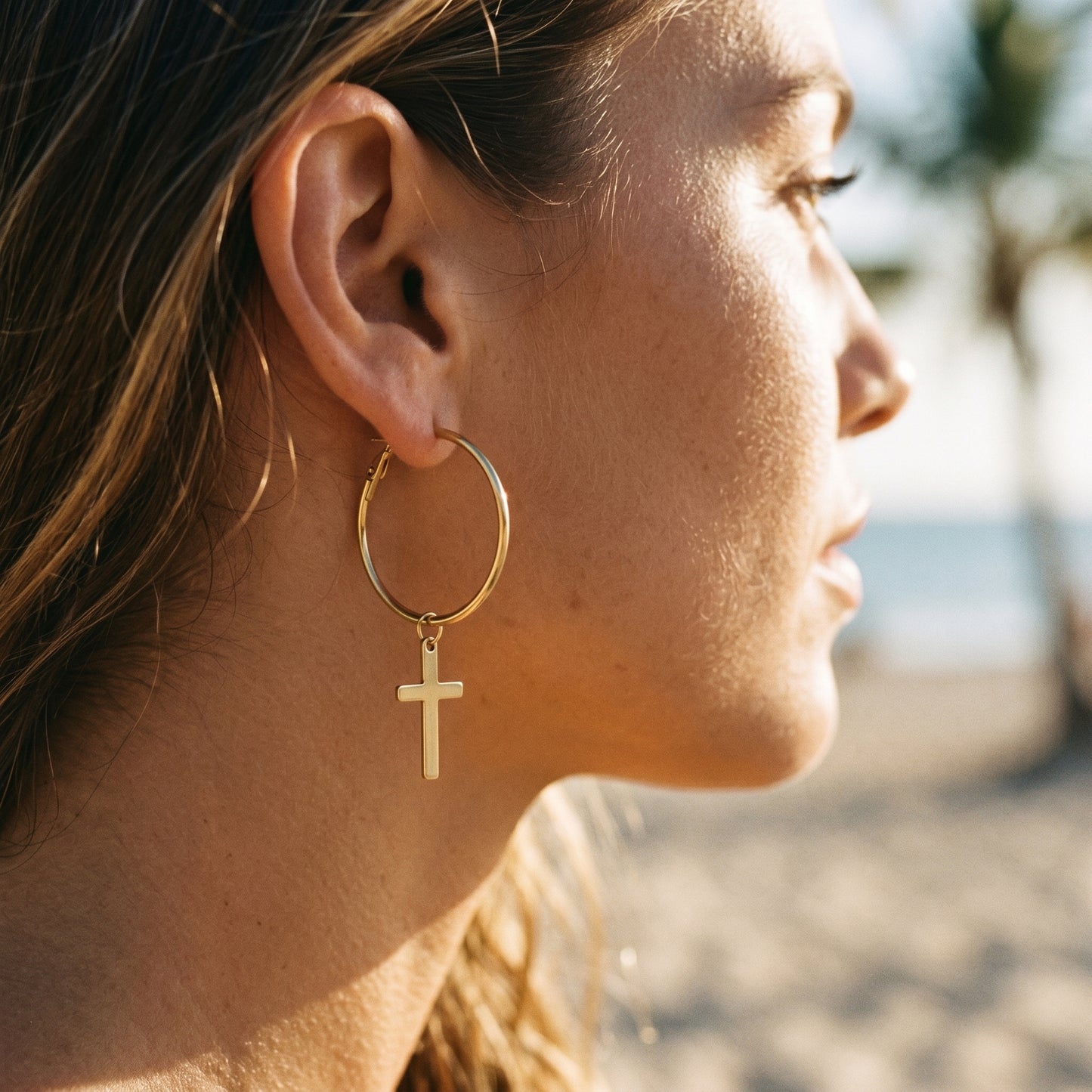 18K Gold Plated Stainless Steel Cross Hoop Earrings, Waterproof Hypoallergenic Faith Jewelry
