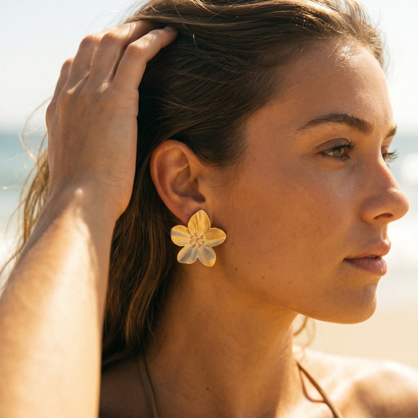 Hypoallergenic Gold Flower Stud Earrings, Waterproof Stainless Steel Floral Statement Earrings