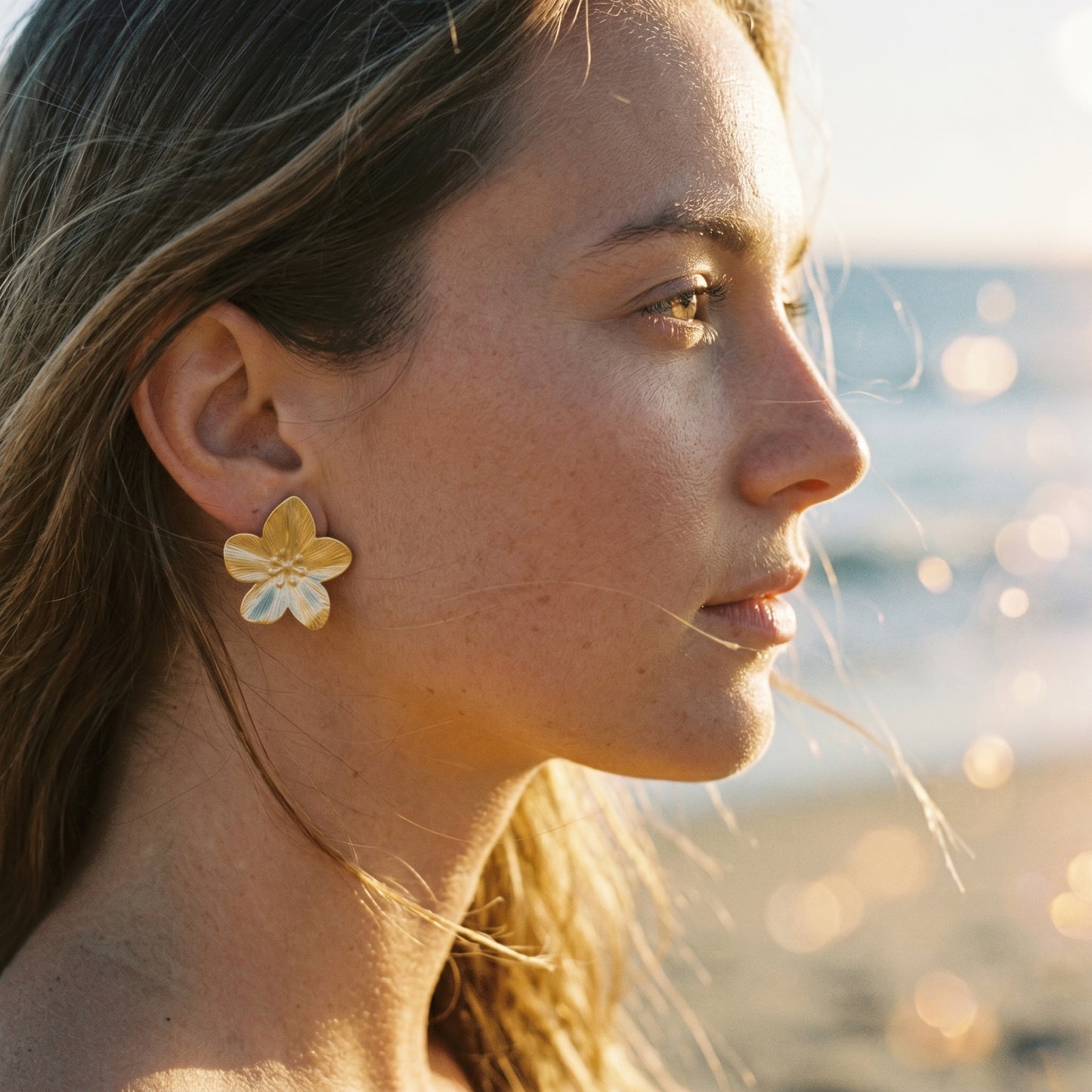 Hypoallergenic Gold Flower Stud Earrings, Waterproof Stainless Steel Floral Statement Earrings