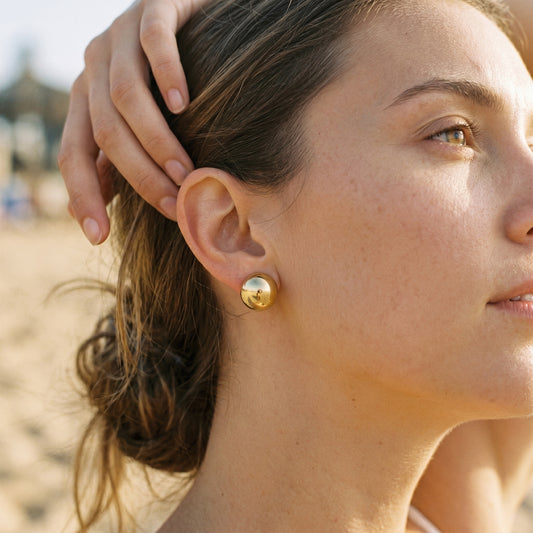 Waterproof & Hypoallergenic Stainless Steel Ball Stud Earrings, Gold Plated Round Bead Earrings