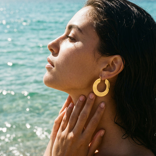 18K Gold Plated Stainless Steel Flat Open Hoop Earrings, Tarnish Resistant Statement Hoops for Women