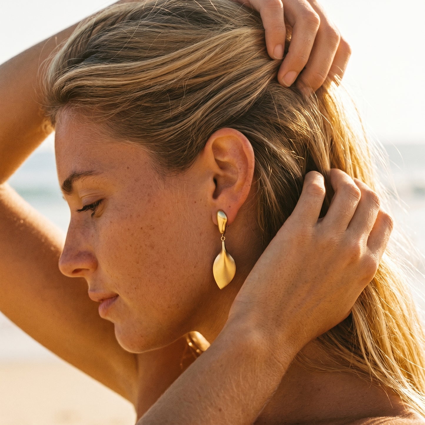 Waterproof & Hypoallergenic Stainless Steel Double Leaf Earrings, Gold Plated Minimalist Dangle Hoops