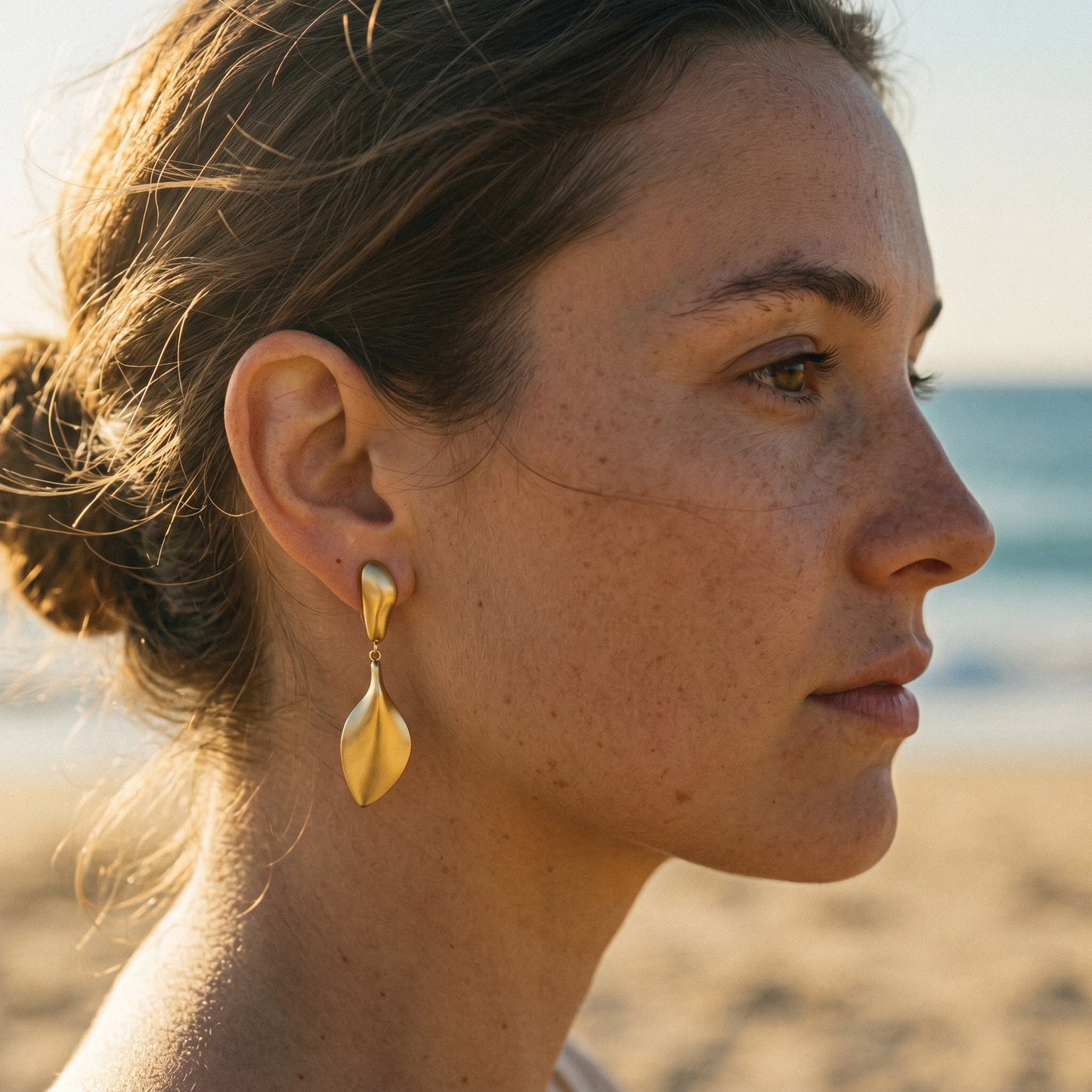Waterproof & Hypoallergenic Stainless Steel Double Leaf Earrings, Gold Plated Minimalist Dangle Hoops