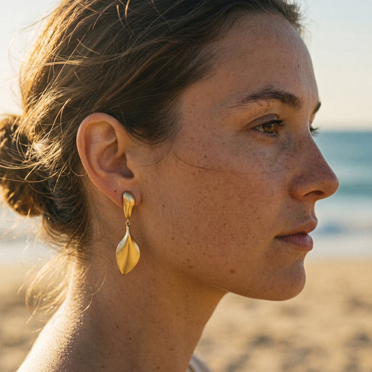 Waterproof & Hypoallergenic Stainless Steel Double Leaf Earrings, Gold Plated Minimalist Dangle Hoops