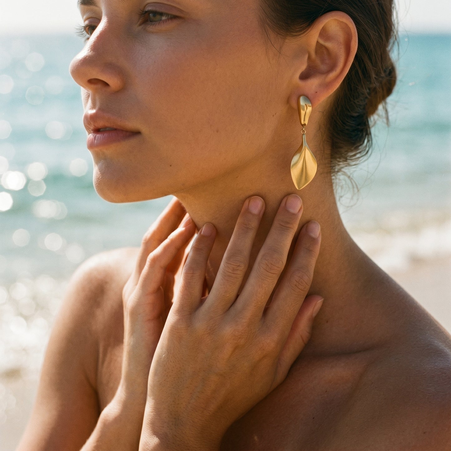 Waterproof & Hypoallergenic Stainless Steel Double Leaf Earrings, Gold Plated Minimalist Dangle Hoops