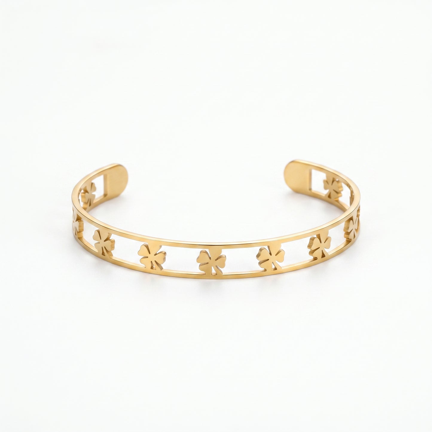 Waterproof & Hypoallergenic Stainless Steel Four-Leaf Clover Bangle, Gold Plated Statement Cuff Bracelet
