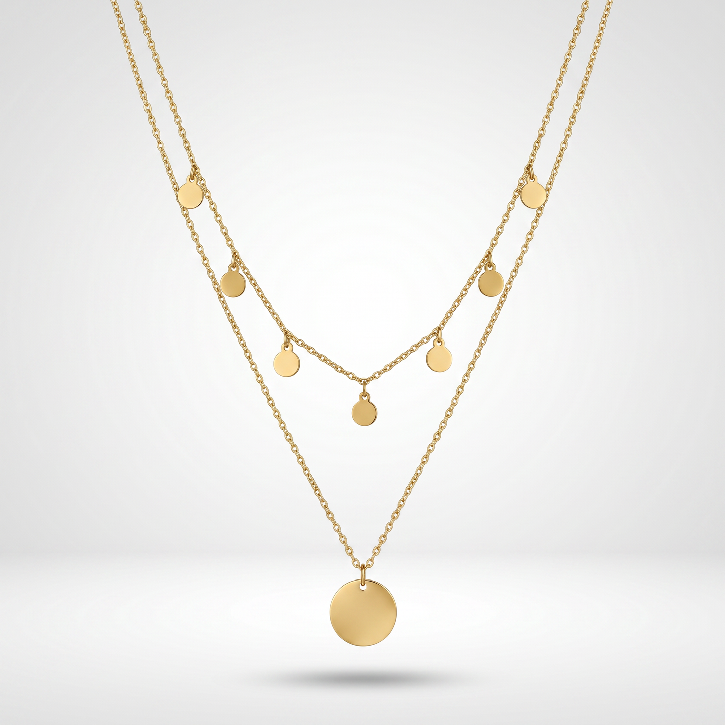 Waterproof Stainless Steel Disc Jewelry Set, Gold Plated Hypoallergenic Layered Necklace, Earrings & Ring