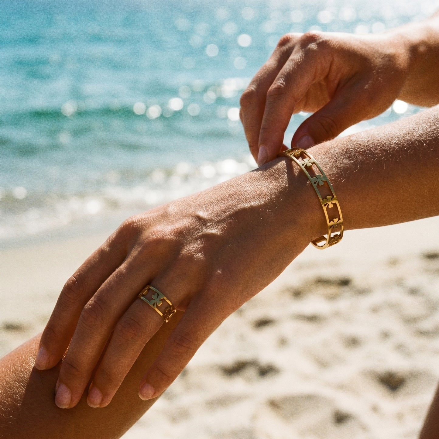 Waterproof & Hypoallergenic Stainless Steel Four-Leaf Clover Bangle, Gold Plated Statement Cuff Bracelet