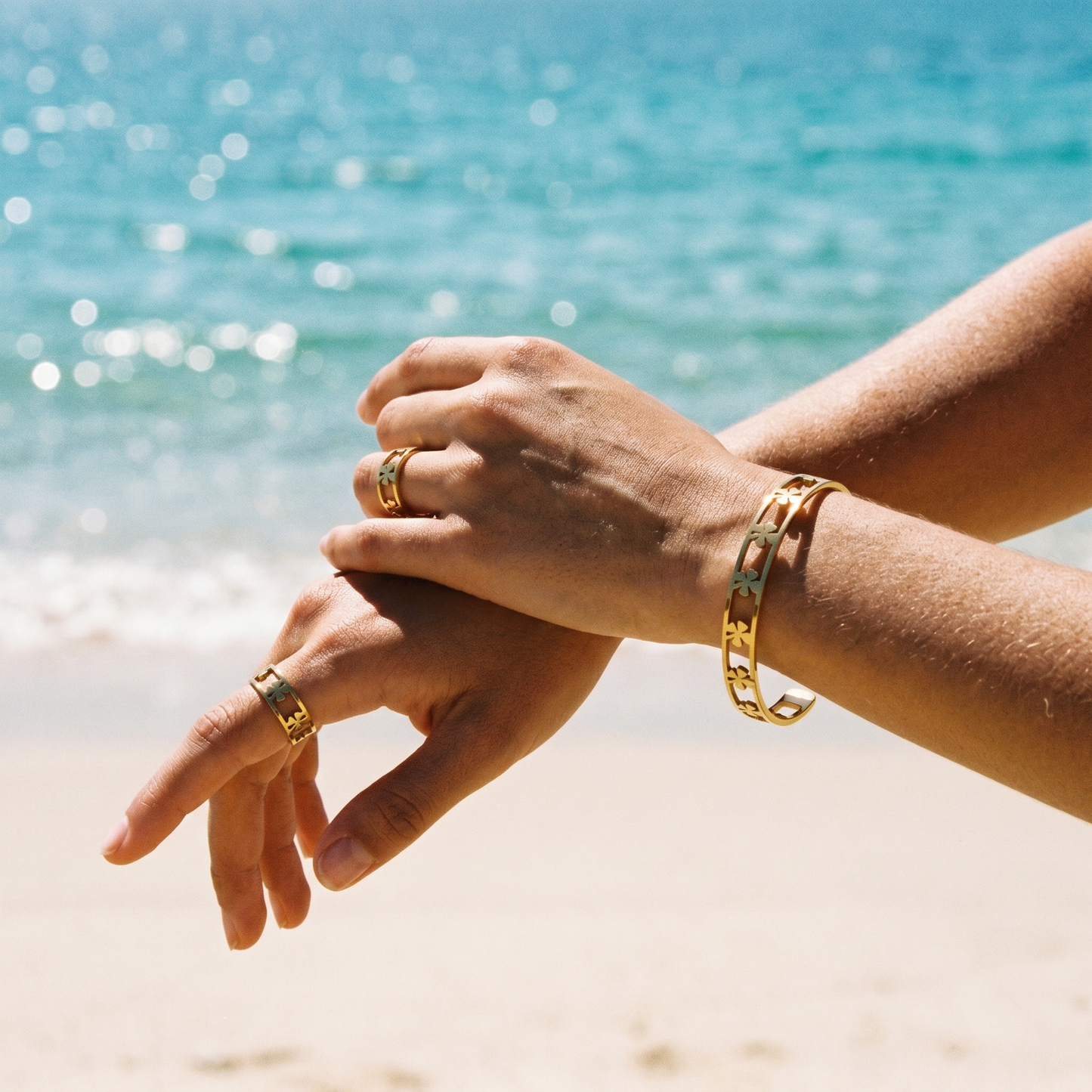 Waterproof & Hypoallergenic Stainless Steel Four-Leaf Clover Bangle, Gold Plated Statement Cuff Bracelet