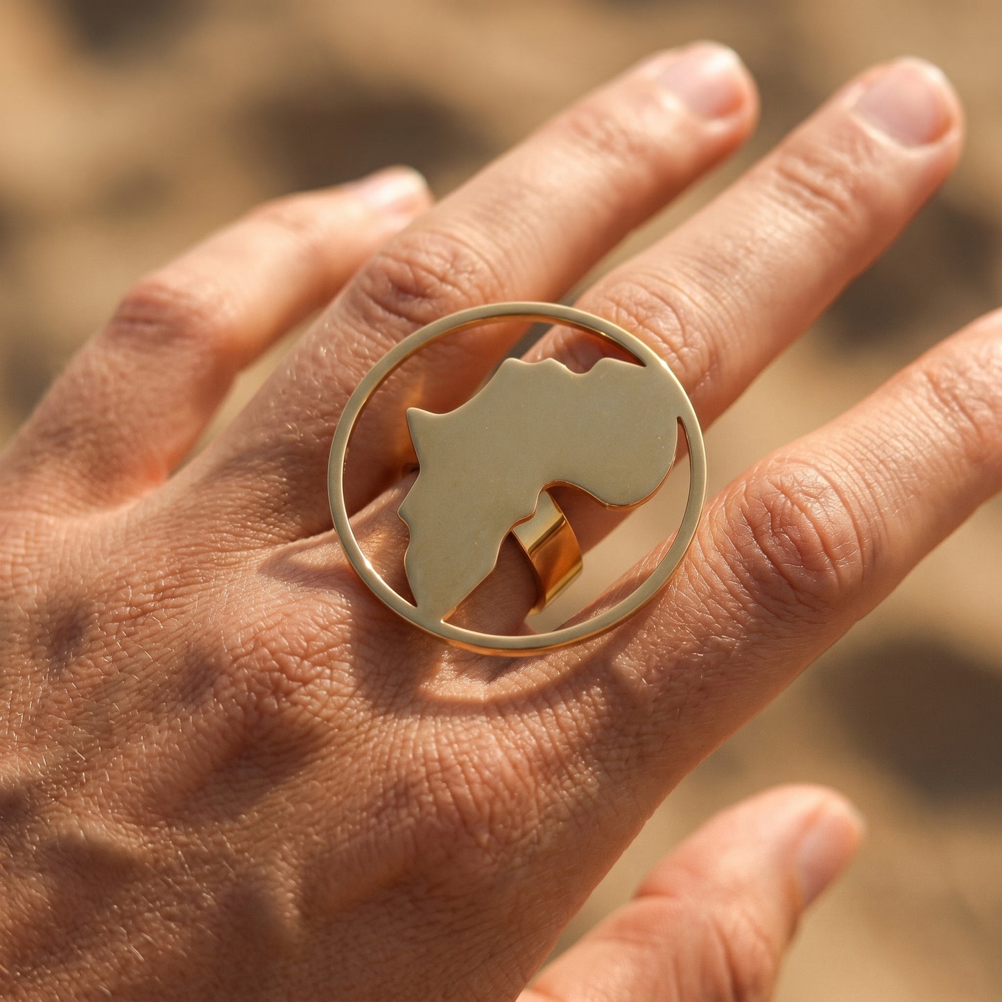 Bold Africa Continent Statement Ring, 18K Gold Plated Stainless Steel Tarnish Resistant Open Band