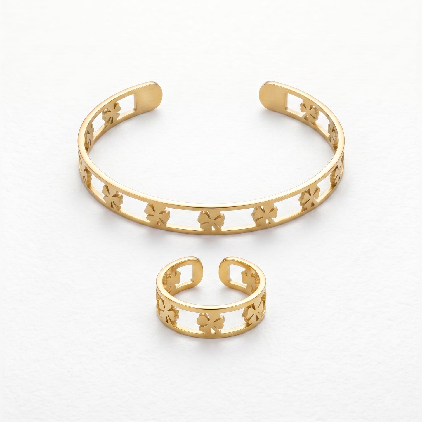 Waterproof & Hypoallergenic Stainless Steel Four-Leaf Clover Bangle, Gold Plated Statement Cuff Bracelet