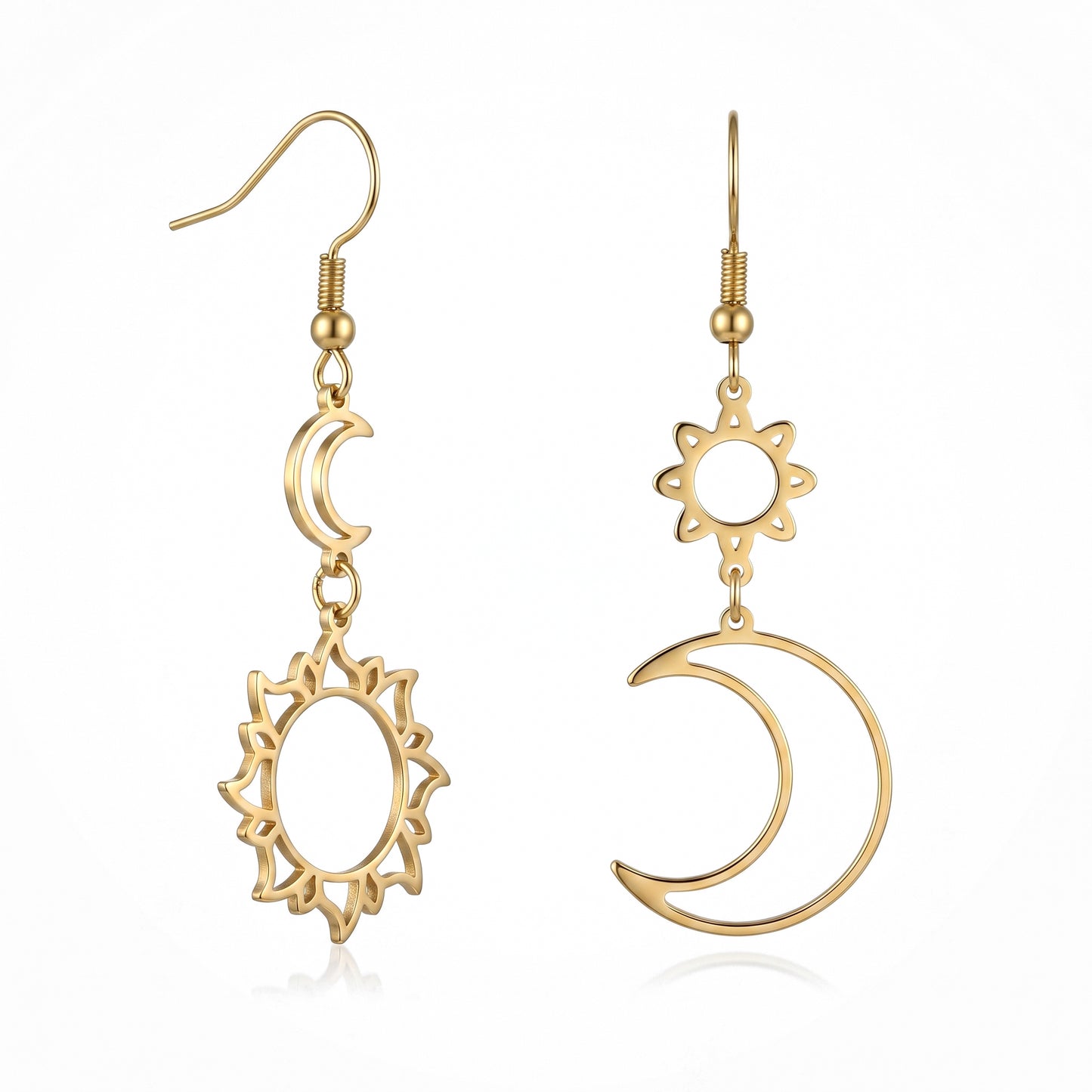 Nickel Free Asymmetric Sun Moon Earrings, Stainless Steel Hypoallergenic No Fade Drop Earrings