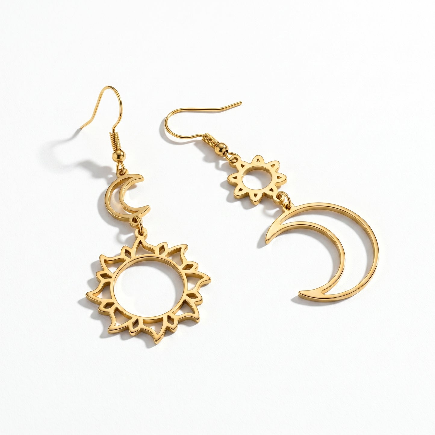 Nickel Free Asymmetric Sun Moon Earrings, Stainless Steel Hypoallergenic No Fade Drop Earrings