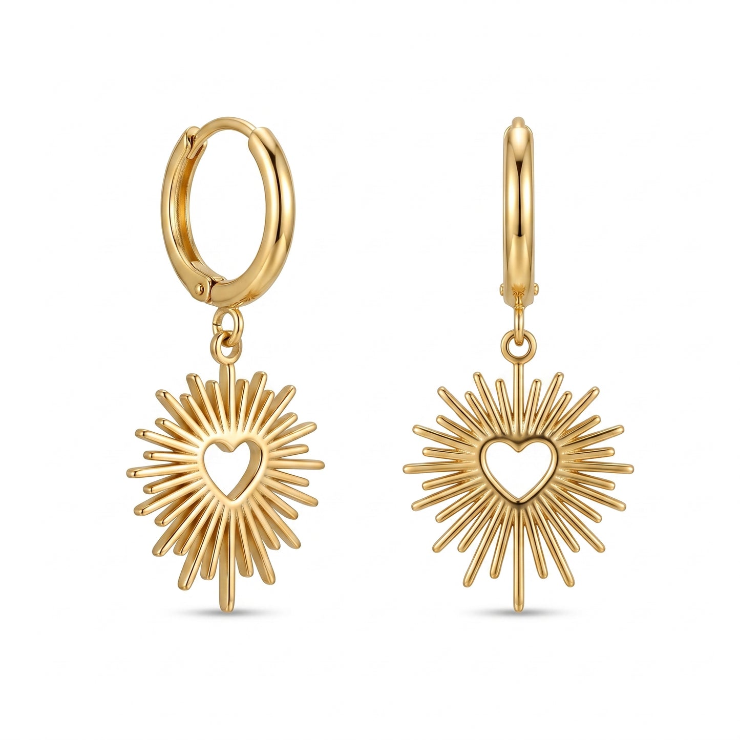 Beach Vacation Sunburst Heart Earrings, Stainless Steel Romantic Hoop Dangle Jewelry