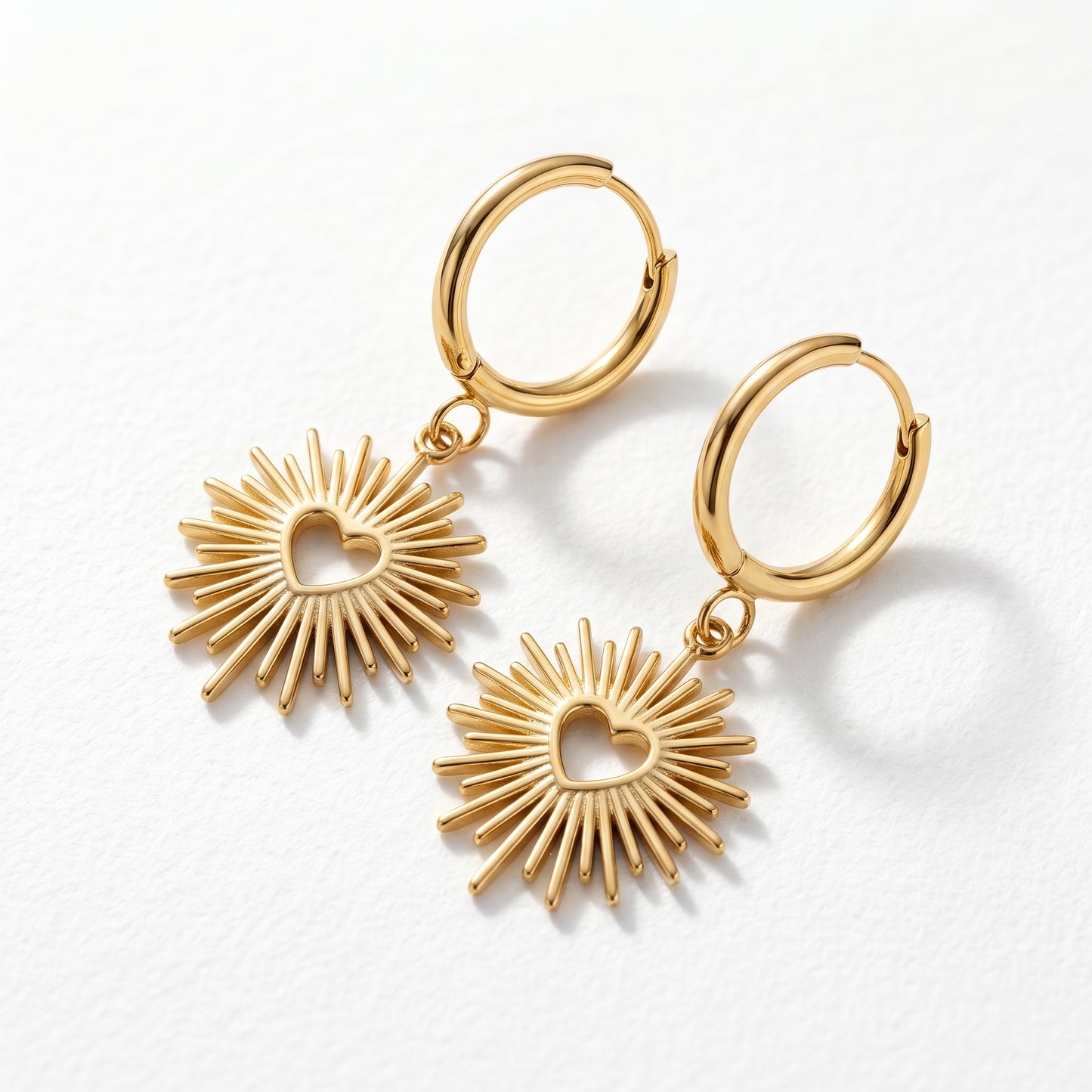 Beach Vacation Sunburst Heart Earrings, Stainless Steel Romantic Hoop Dangle Jewelry