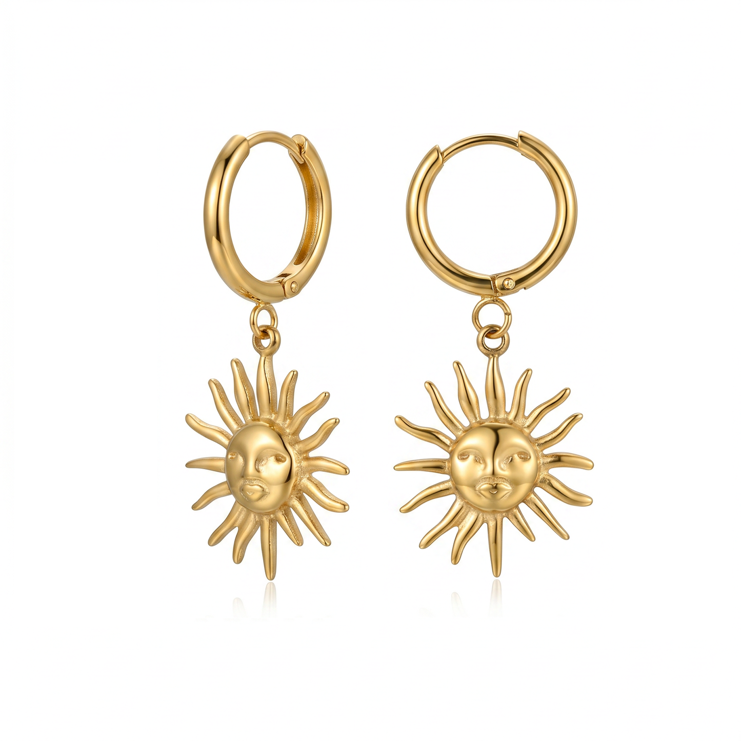 Nickel Free Sun Face Hoop Earrings, Stainless Steel Hypoallergenic No Fade Drop Hoops