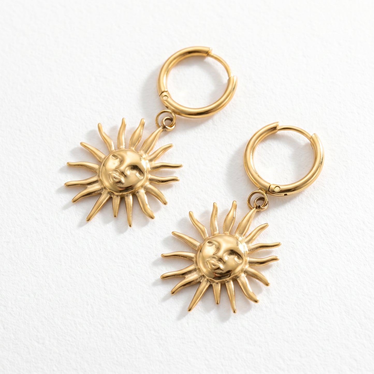 Nickel Free Sun Face Hoop Earrings, Stainless Steel Hypoallergenic No Fade Drop Hoops