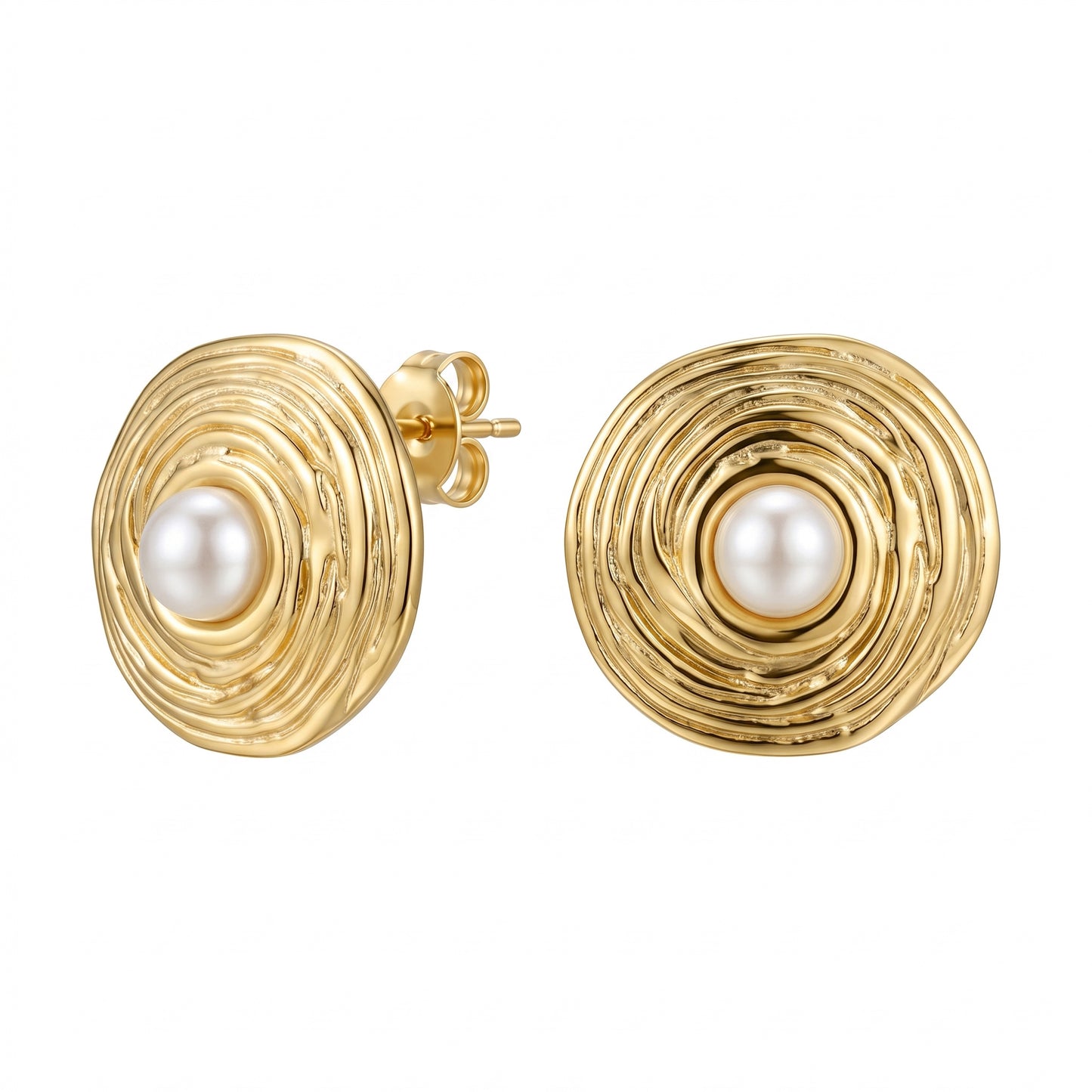 Vintage Swirl Pearl Stud Earrings, 18K Gold Silver Stainless Steel Textured Hoops