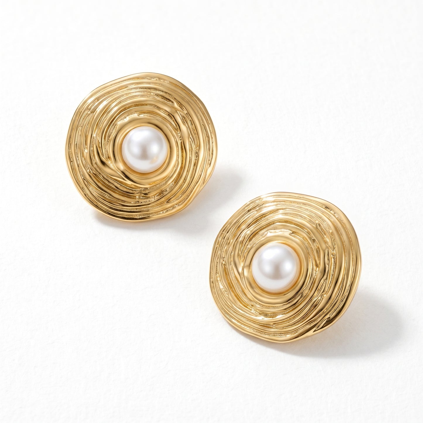 Vintage Swirl Pearl Stud Earrings, 18K Gold Silver Stainless Steel Textured Hoops
