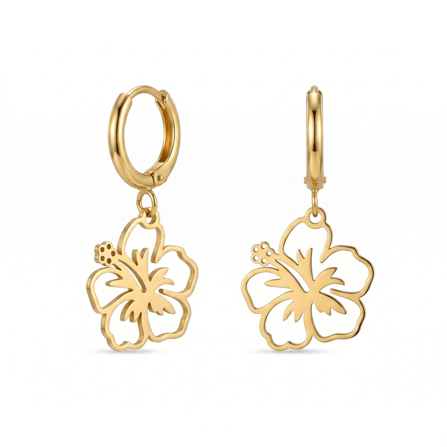 Hawaiian Hibiscus Charm Hoops, High Polished Stainless Steel Vacation Statement Earrings