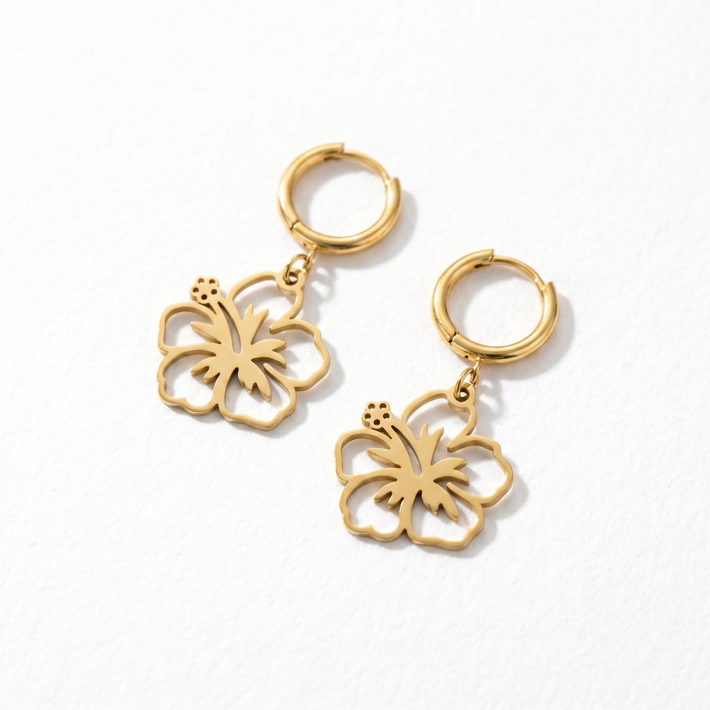Hawaiian Hibiscus Charm Hoops, High Polished Stainless Steel Vacation Statement Earrings