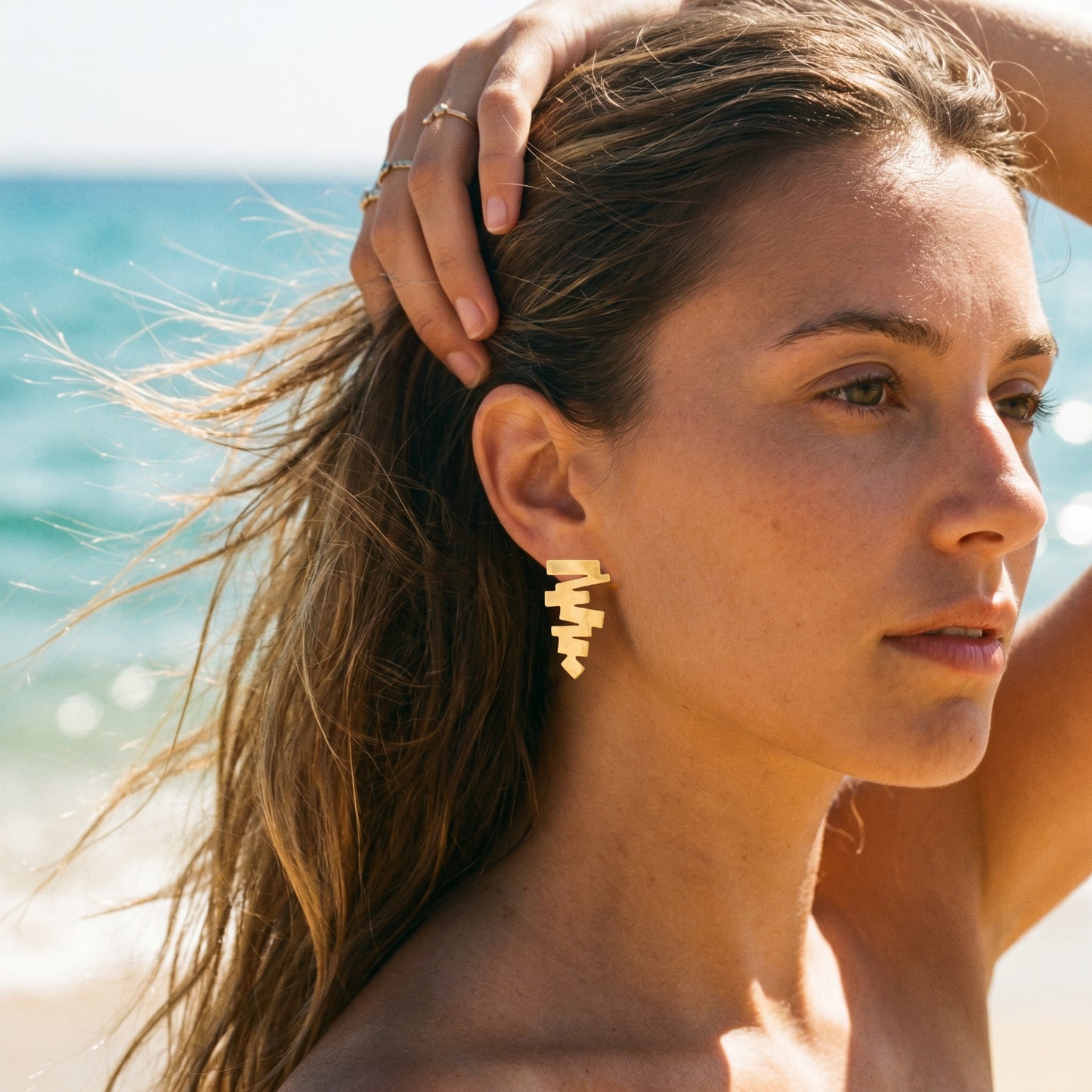 18K Gold Plated Geometric Zigzag Stud Earrings, Stainless Steel Modern Statement Jewelry