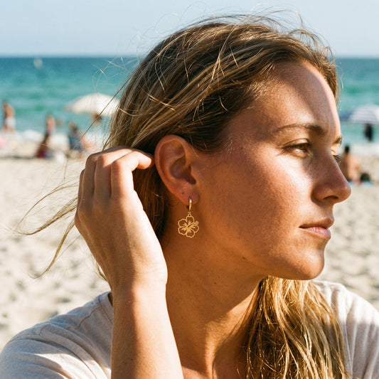 Hawaiian Hibiscus Charm Hoops, High Polished Stainless Steel Vacation Statement Earrings