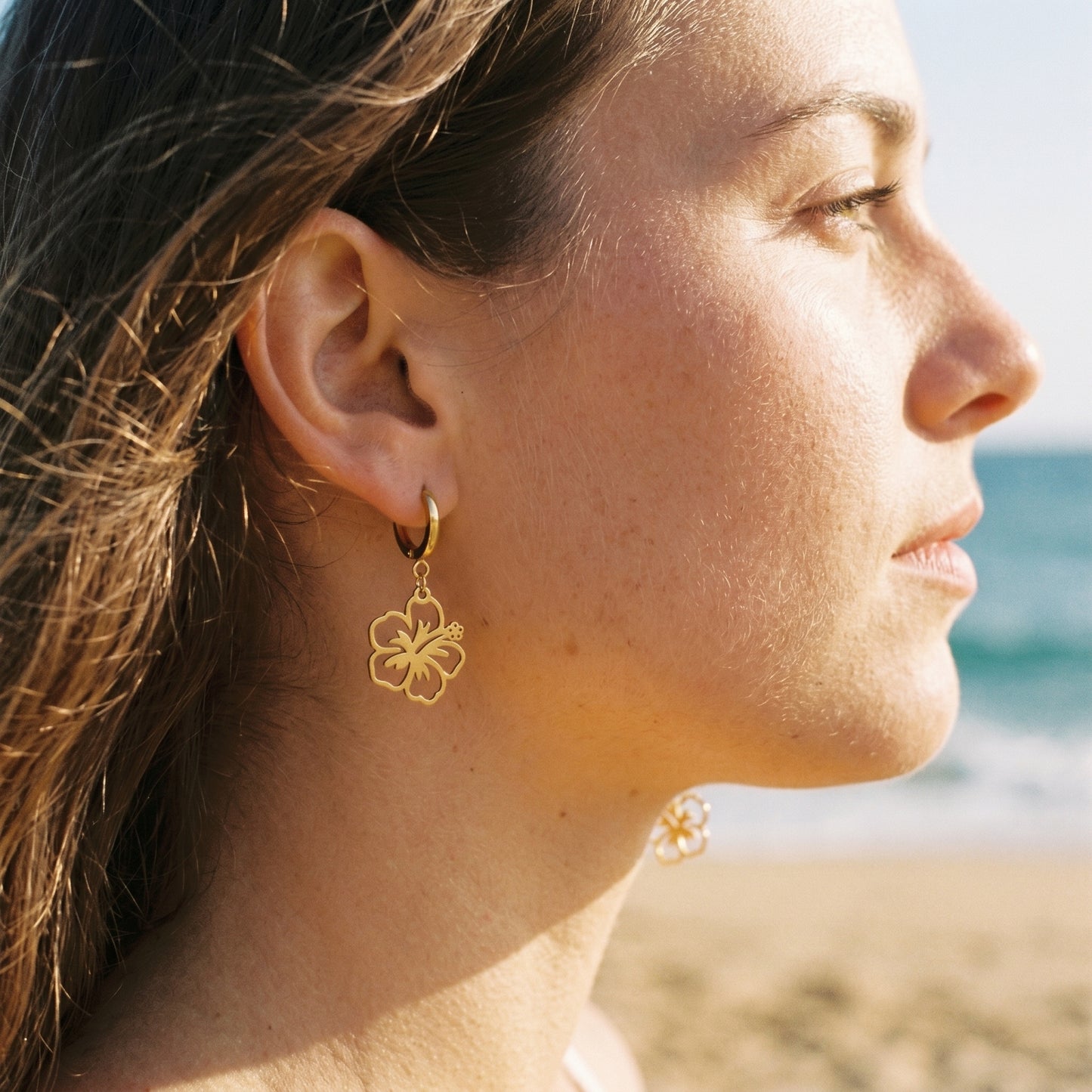 Hawaiian Hibiscus Charm Hoops, High Polished Stainless Steel Vacation Statement Earrings