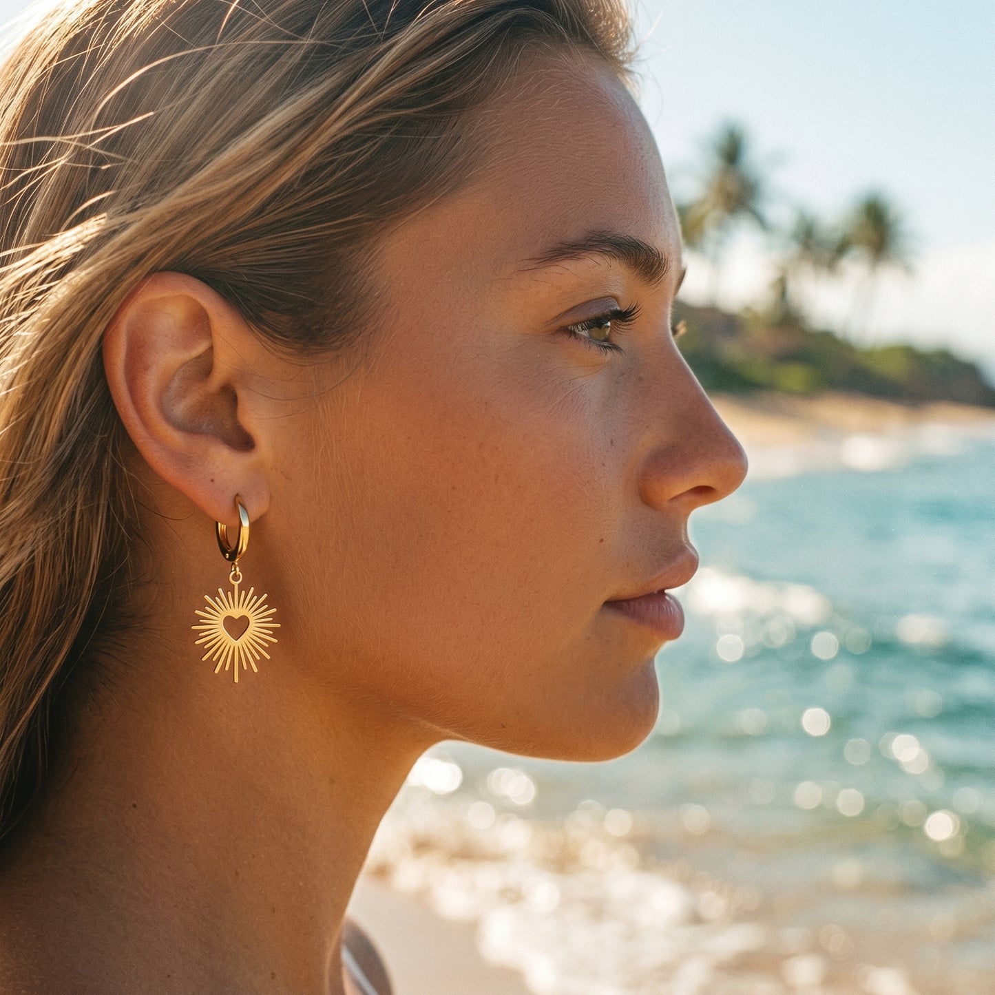 Beach Vacation Sunburst Heart Earrings, Stainless Steel Romantic Hoop Dangle Jewelry