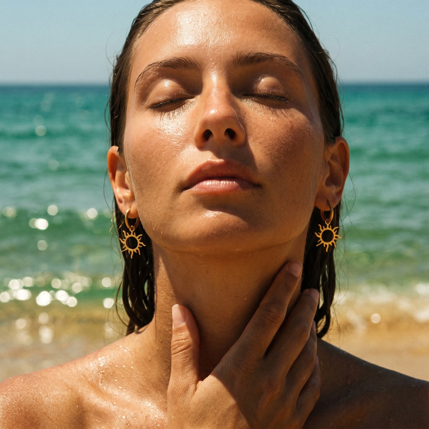 Tarnish Resistant Sun Hoop Earrings, Stainless Steel 18K Gold Plated Waterproof Vacation Jewelry