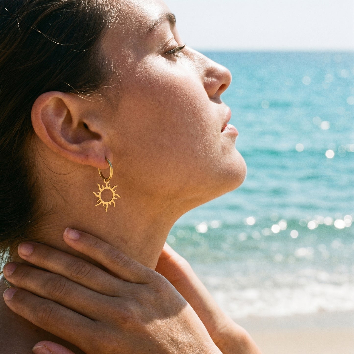 Tarnish Resistant Sun Hoop Earrings, Stainless Steel 18K Gold Plated Waterproof Vacation Jewelry